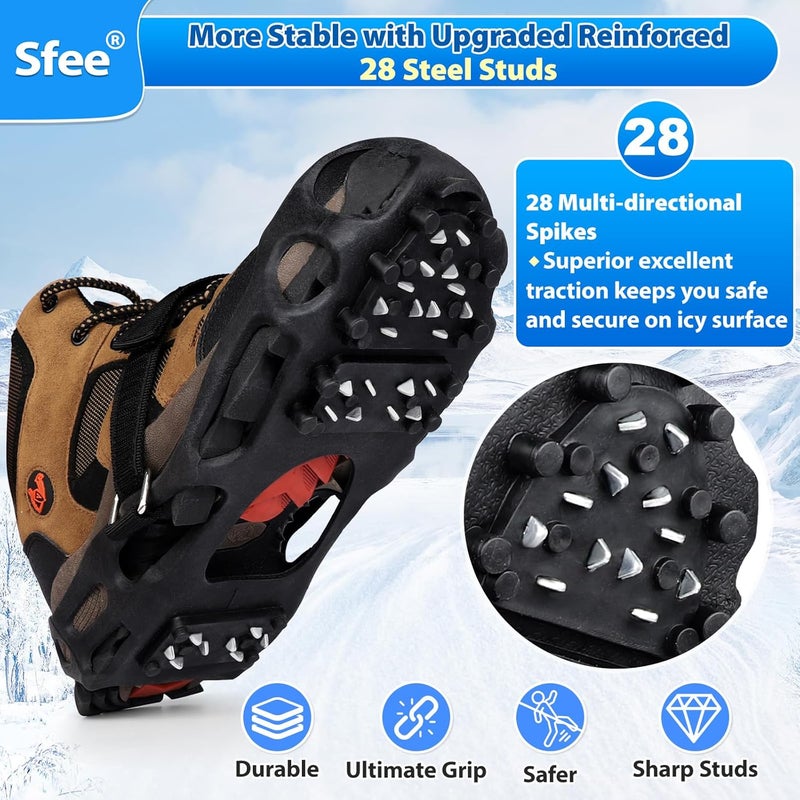 Sfee Crampons Ice Cleats for Shoes and Boots, 28 Steel Shoe Spikes Ultra-Grip Ice Cleats for Men Women Non-Slip Snow Traction Ice Grippers for Shoes and Boots for Walking, Hiking, Climbing, Fishing - Image 2